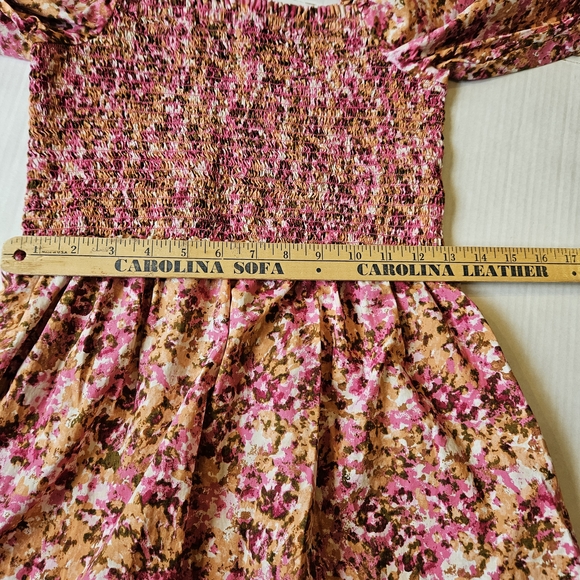 J Crew smocked puff sleeve midi faded floral dress pink brown, S - Picture 13 of 16